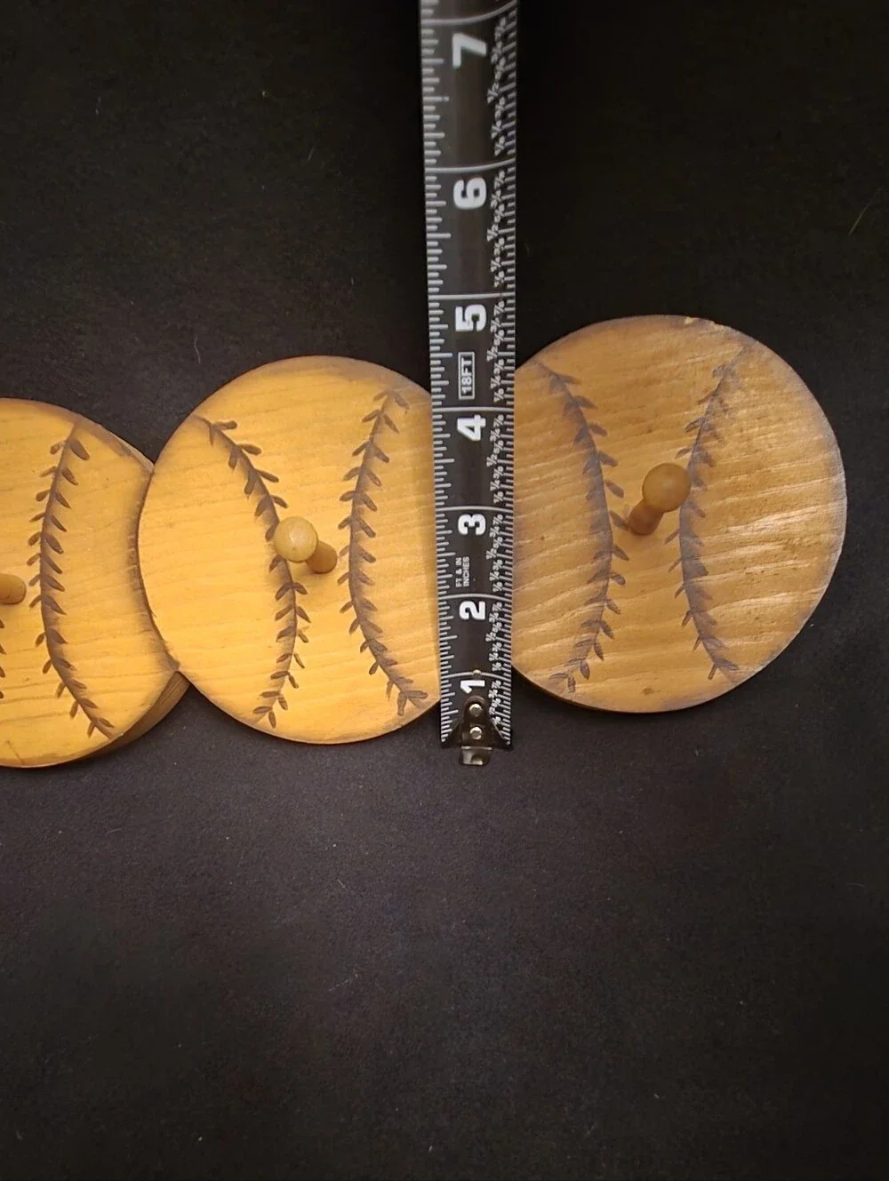 Vintage Yellow Wooden Baseball Three-Hook Rack